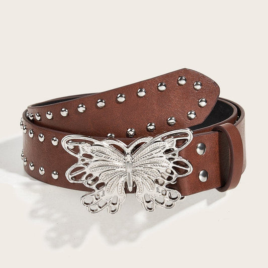 Silver butterfly hollow out beaded PU leather belt | Festival Outfits Women