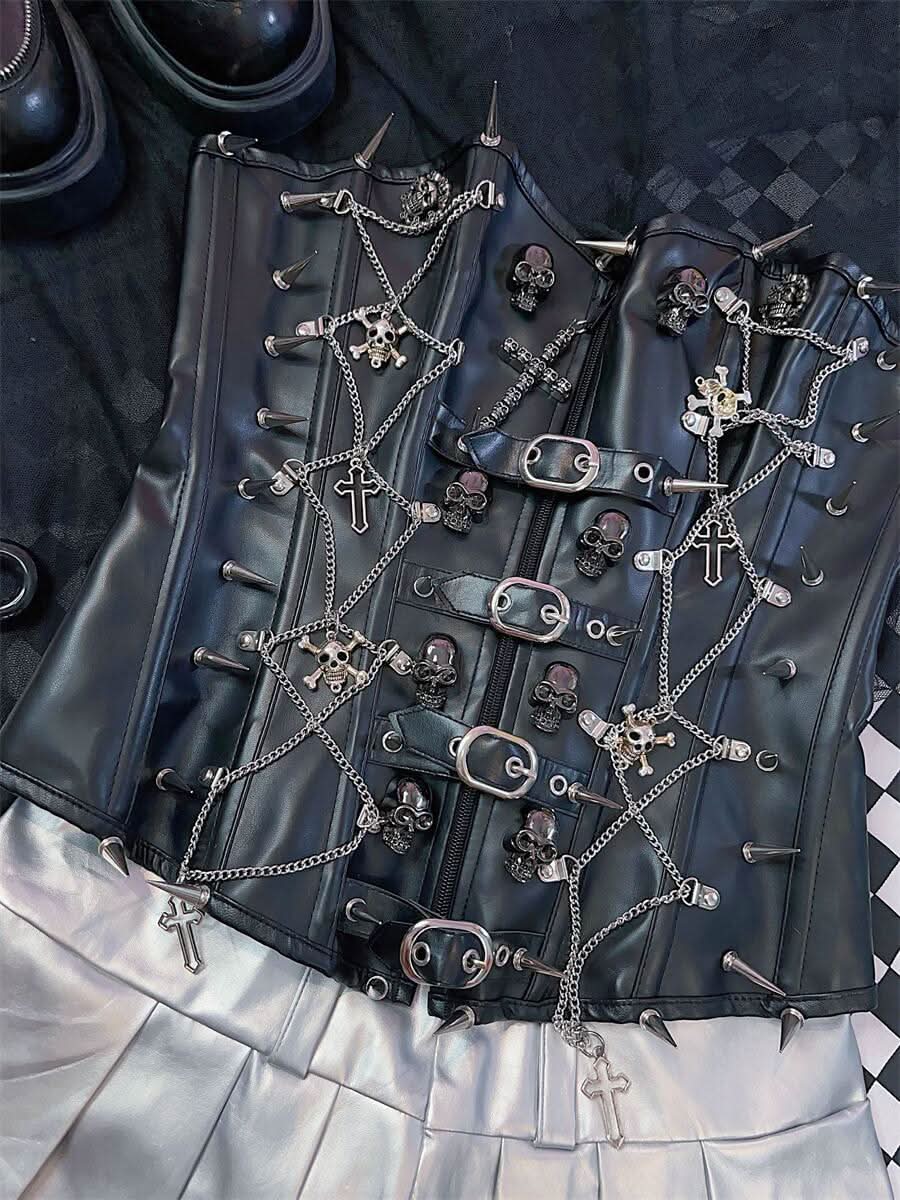 Cross applique PU leather rivet buckle bustier tube top | Festival Outfits Women