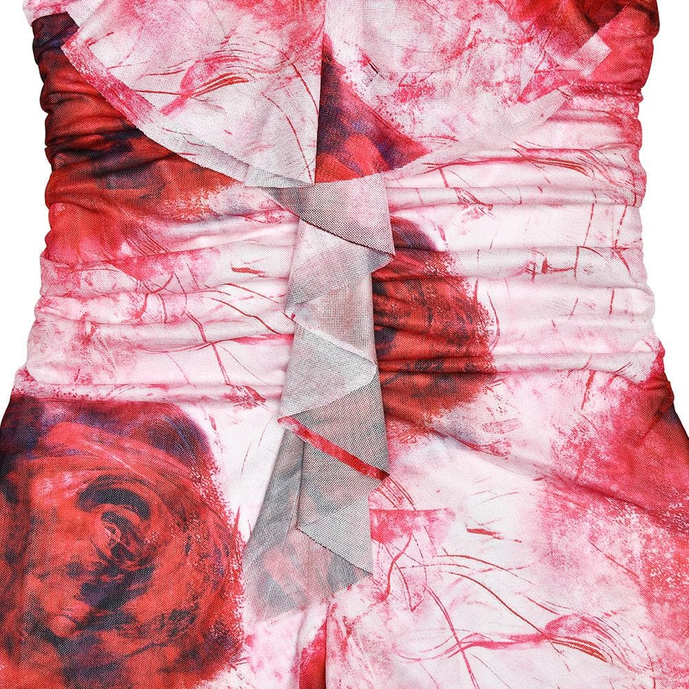 Halter ruffle rose print ruched backless cami mini dress | Festival Outfits Women