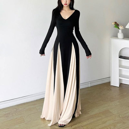 Long sleeve v neck contrast patchwork maxi dress | Festival Outfits Women