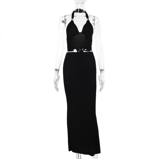 Halter v neck knotted backless maxi skirt set | Festival Outfits Women