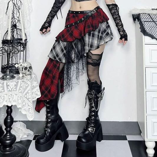Plaid irregular buckle ruffle lace hem patchwork mini skirt | Festival Outfits Women
