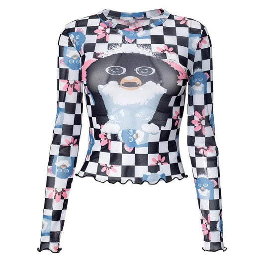Long sleeve plaid print sheer mesh top | Festival Outfits Women