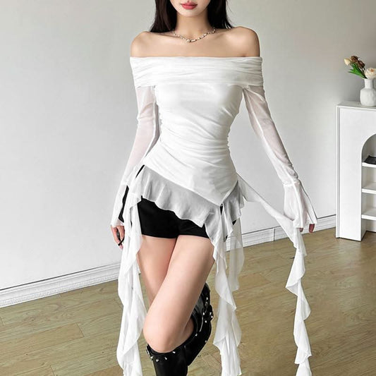 Long flared sleeve off shoulder mesh ruffle solid top | Festival Outfits Women