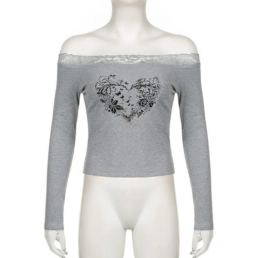 Long sleeve off shoulder ribbed heart pattern lace hem top | Festival Outfits Women