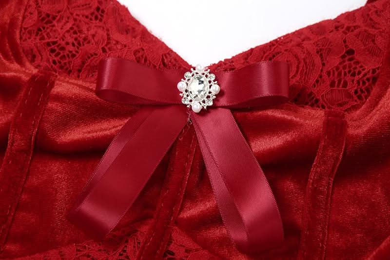 Gloves bowknot lace velvet patchwork cami top | Festival Outfits Women