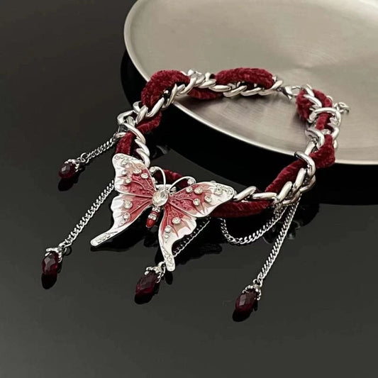 Red butterfly pendant fluffy choker necklace | Festival Outfits Women