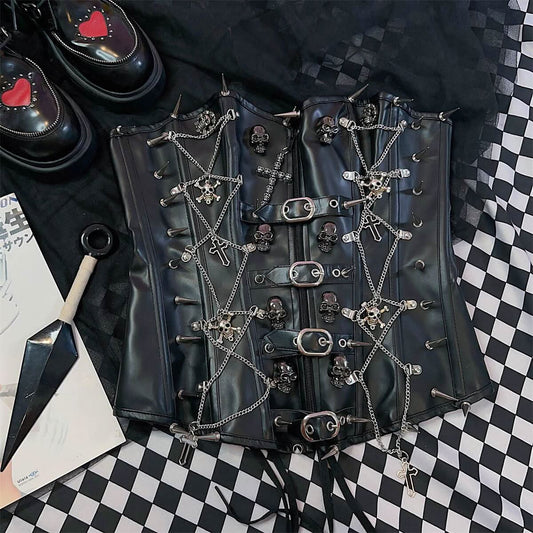 Cross applique PU leather rivet buckle bustier tube top | Festival Outfits Women
