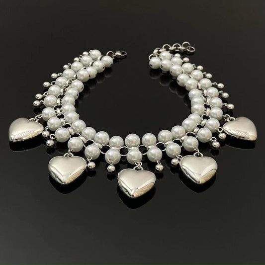 Heart pendant layered faux pearl choker necklace | Festival Outfits Women