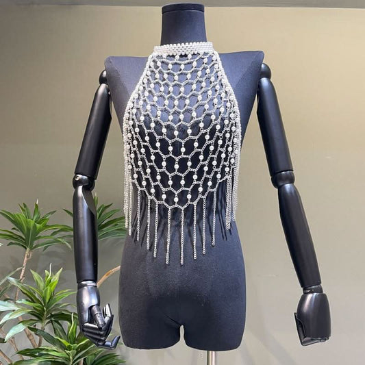 Halter metal chain beaded tassels backless hollow out cut out top | Festival Outfits Women