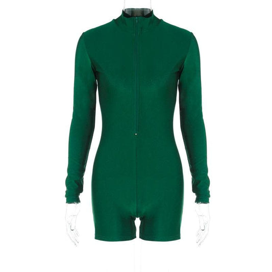 Zip-up solid long sleeve high neck romper | Festival Outfits Women
