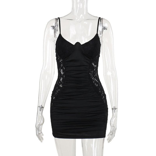 V neck lace ruched backless cami mini dress | Festival Outfits Women