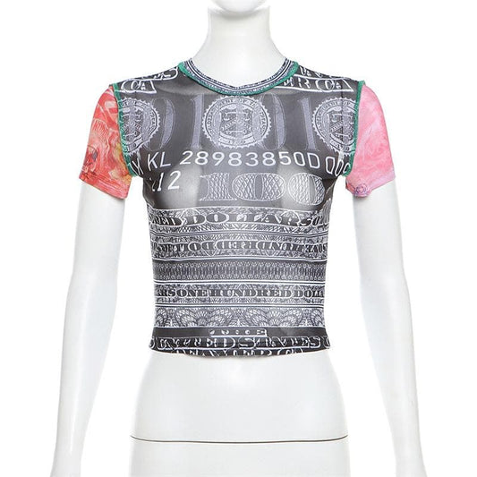 Short sleeve crewneck sheer mesh print top | Festival Outfits Women