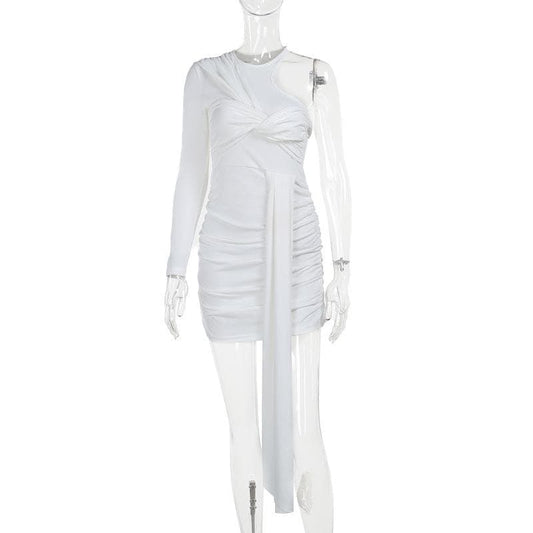 Knotted solid one shoulder ruched irregular mini dress | Festival Outfits Women