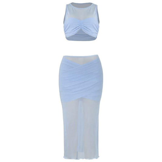 Crewneck sleeveless ruched mesh crop maxi skirt set | Festival Outfits Women