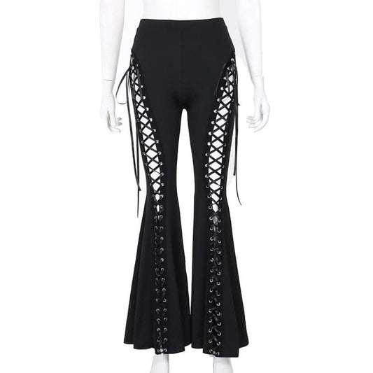 Lace up hollow out ribbon high rise pant | Festival Outfits Women