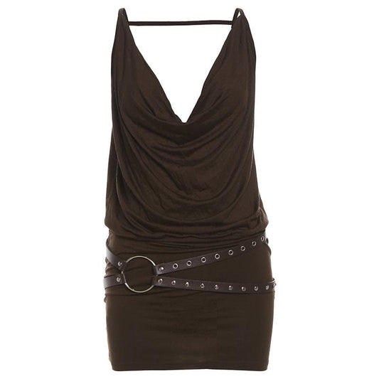Cowl neck belt backless cami mini dress | Festival Outfits Women