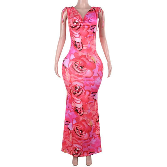 Cowl neck self tie flower print backless maxi dress | Festival Outfits Women
