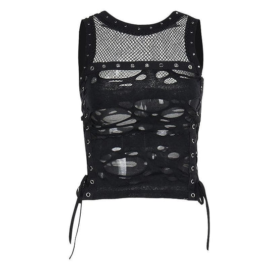 Crewneck fishnet buckle hollow out lace up tank cut out top | Festival Outfits Women
