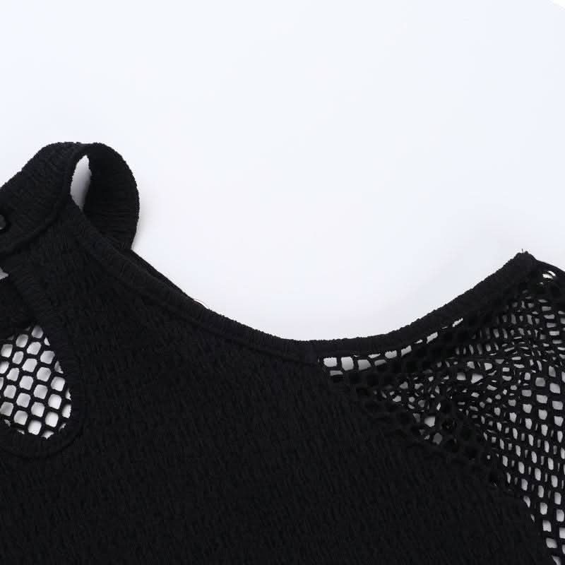 Off shoulder long sleeve fishnet patchwork buckle top | Festival Outfits Women