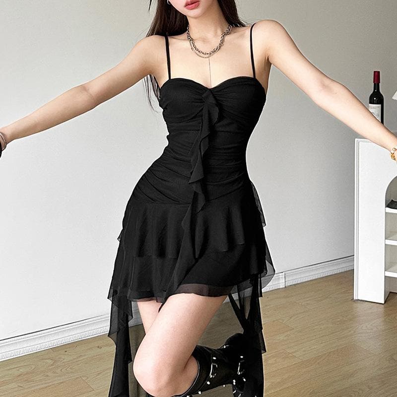 Ruched mesh ruffle sweetheart neck cami maxi dress | Festival Outfits Women