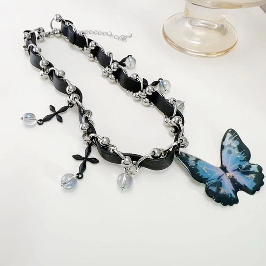 Butterfly PU leather beaded cross choker necklace | Festival Outfits Women