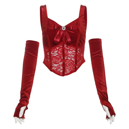 Gloves bowknot lace velvet patchwork cami top | Festival Outfits Women