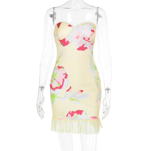 Mesh flower print sweetheart neck tube mini dress | Festival Outfits Women