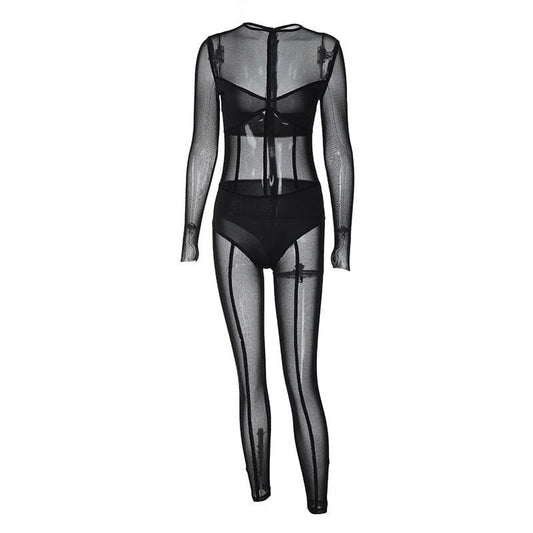 Mesh patchwork zip-up solid long sleeve jumpsuit | Festival Outfits Women