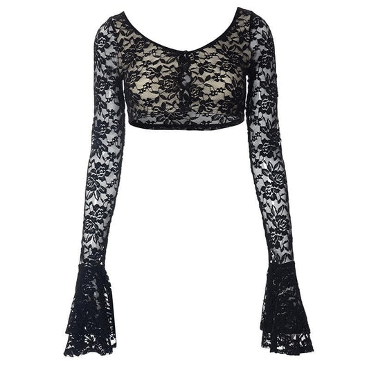 Long flared sleeve lace u neck button backless crop top | Festival Outfits Women