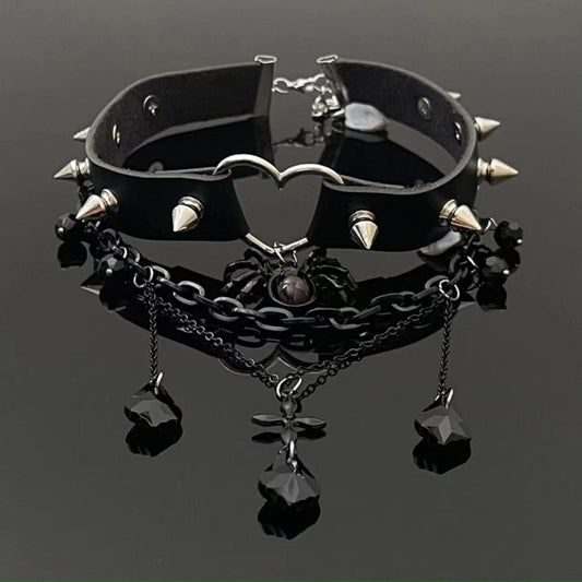 Spider rivet heart pendant PU leather layered choker necklace | Festival Outfits Women