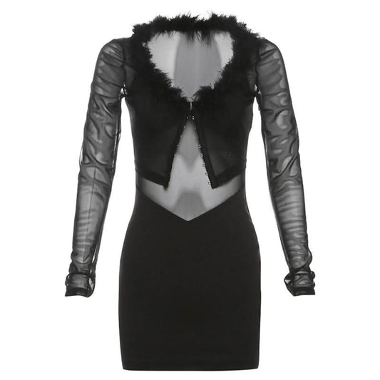 Feather v neck mesh long sleeve button mini dress | Festival Outfits Women