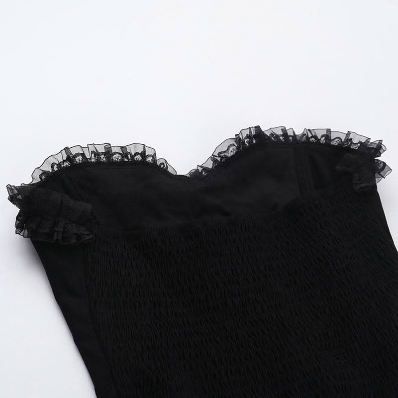Sweetheart neck lace hem ruffle button mini dress | Festival Outfits Women