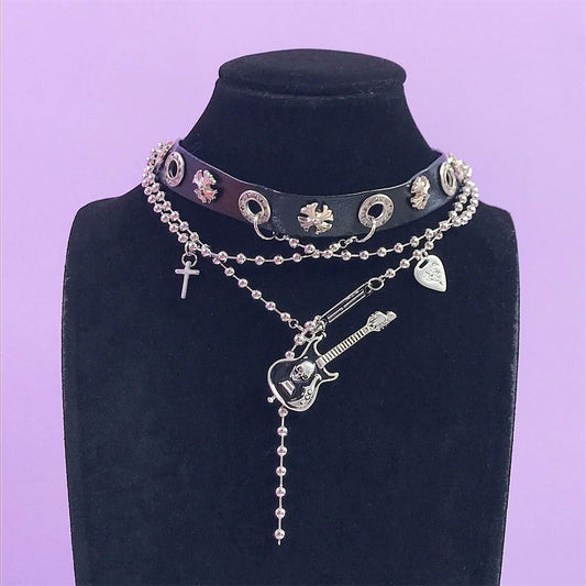 Guitar decor metal chain PU leather cross choker necklace | Festival Outfits Women