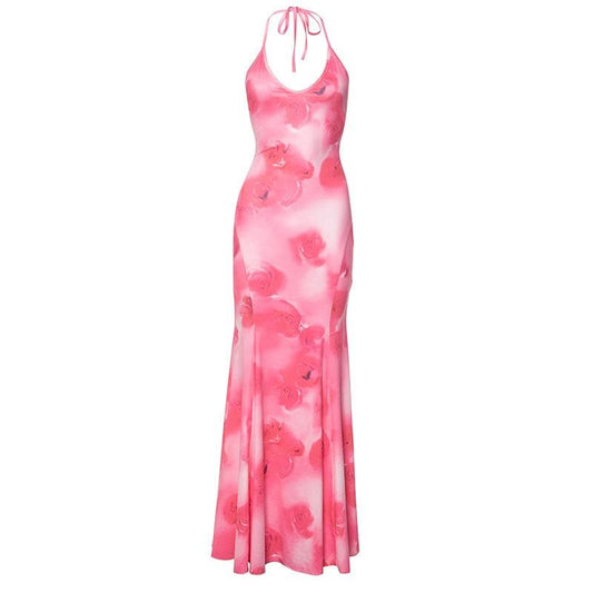 Halter rose print u neck backless self tie maxi dress | Festival Outfits Women