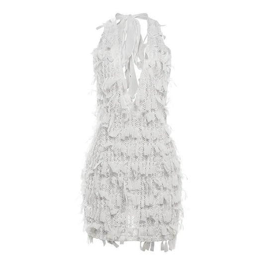 Deep V neck halter self tie backless zip-up mini dress | Festival Outfits Women