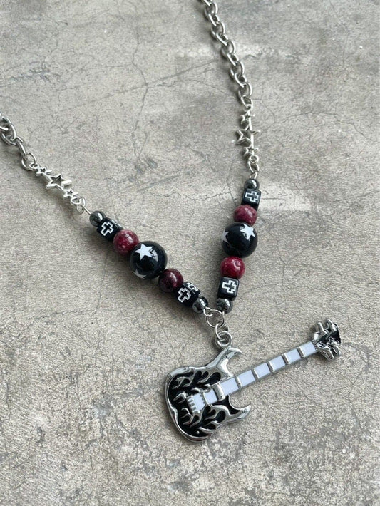 Guitar pendant metal chain beaded necklace | Festival Outfits Women