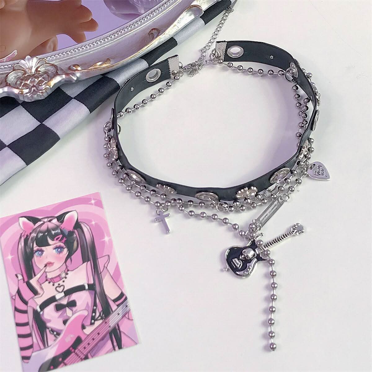 Guitar decor metal chain PU leather cross choker necklace | Festival Outfits Women