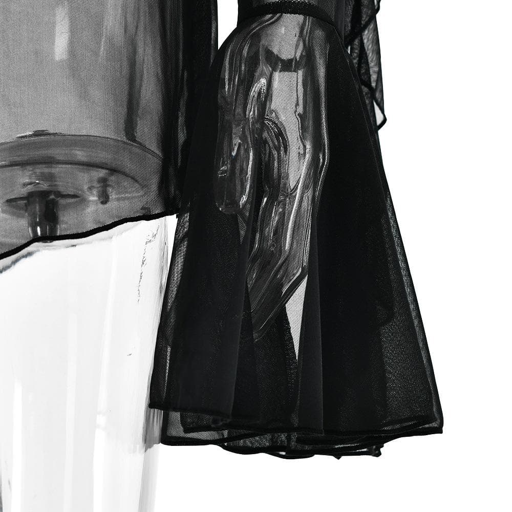 Long flared sleeve Off shoulder sheer mesh ruffle mini dress | Festival Outfits Women