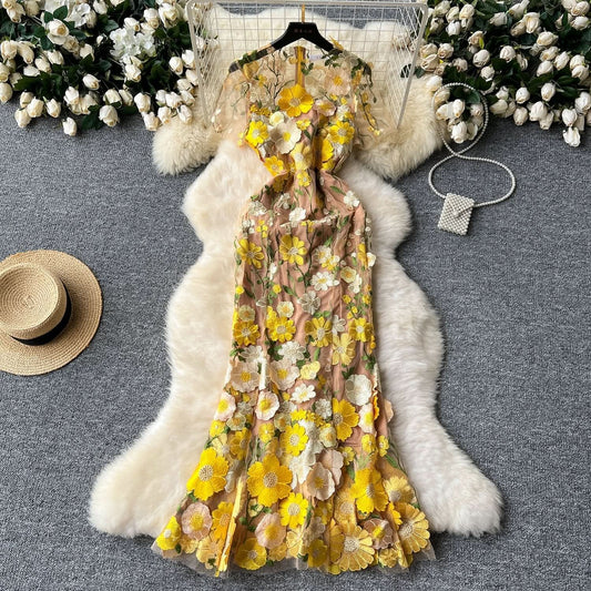 Crewneck short sleeve flower embroidery zip-up maxi dress | Festival Outfits Women