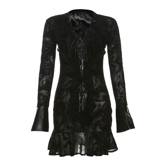 Long sleeve v neck self tie ripple button mini dress | Festival Outfits Women