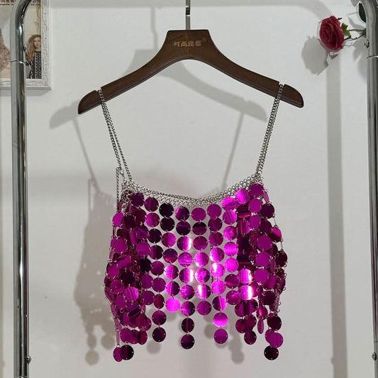 Glitter metal chain hollow out square neck cami cut out top | Festival Outfits Women