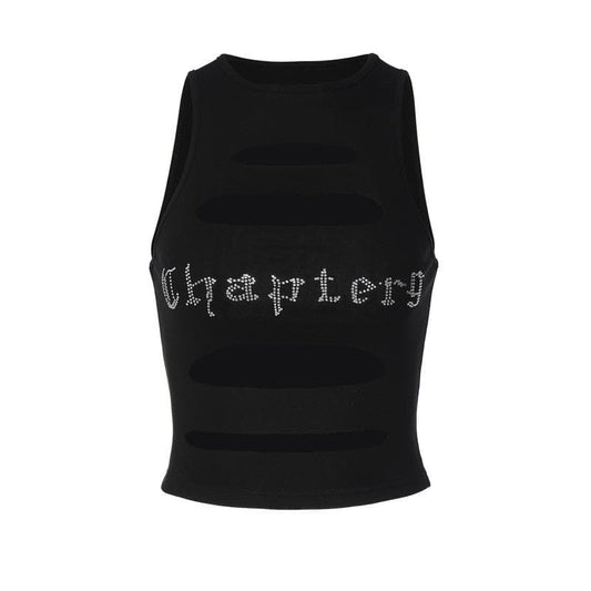 Sleeveless crewneck hollow out beaded contrast crop cut out top