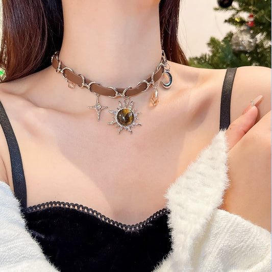 Sun pendant PU leather choker necklace | Festival Outfits Women