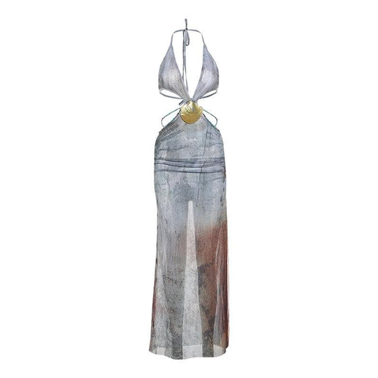 Halter self tie deep V neck sheer mesh shell applique maxi dress | Festival Outfits Women