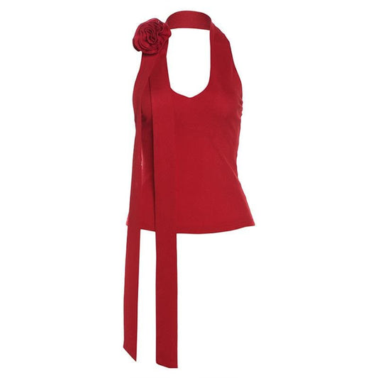 Halter backless flower applique solid top | Festival Outfits Women
