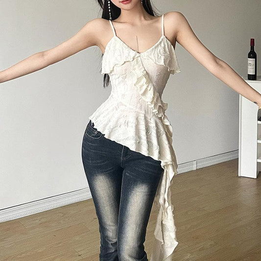 V neck ruffle irregular backless solid cami top | Festival Outfits Women