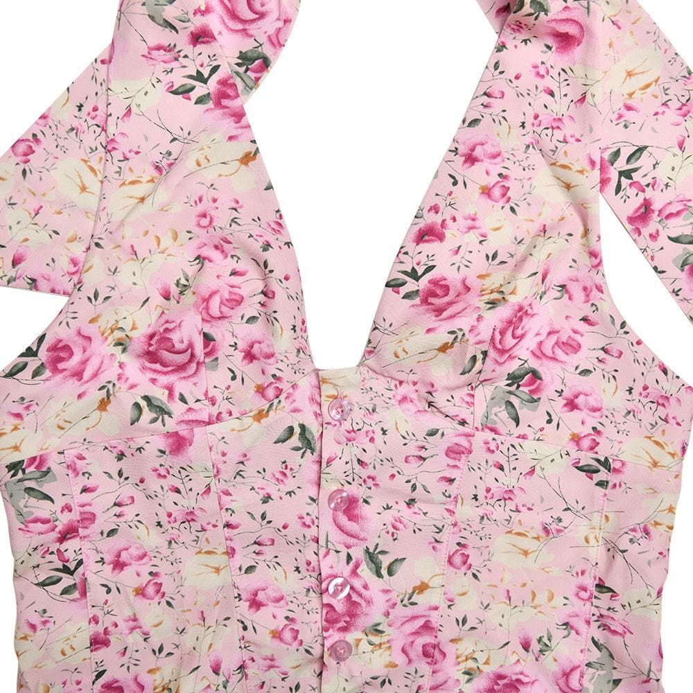 Halter smocked button flower print mini skirt set | Festival Outfits Women