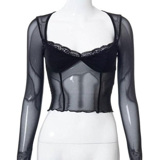 Hem lace ruffled long sleeve mesh crop top | Mesh Long Sleeve Crop Top