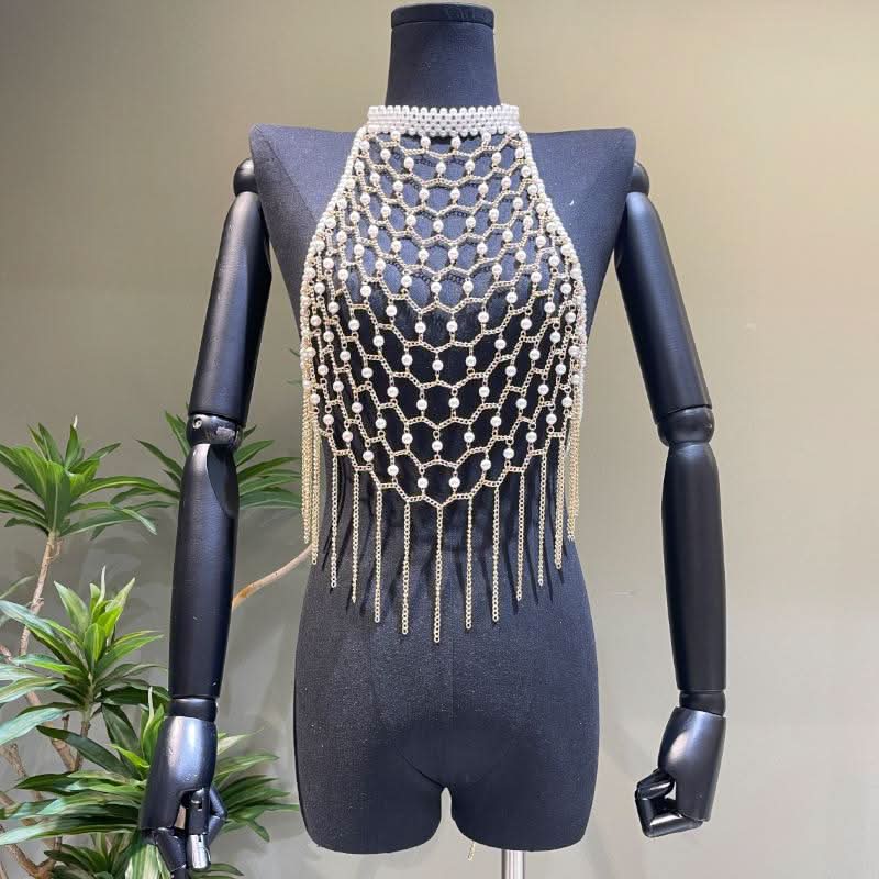 Halter metal chain beaded tassels backless hollow out cut out top | Festival Outfits Women